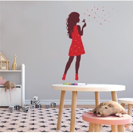 Girly - Vinyl Kids Girls Nursery Bedroom Girl Silhouette Portrait Art Decoration Blowing Flower Petals Design Removable Wall Decal - Home Living Room Floral Dress Wall Décor Sticker 7" x 10"