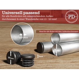 PD® Lamellar Plugs Round 25 mm for Round Tube – Round End Caps Made of PE Plastic – Pipe Plugs 25 mm for Pipe Cover of Steel Pipe, Stainless Steel Tube, Aluminium Tube and Aluminium Profile – Round