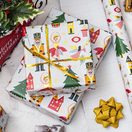 Burymento Christmas Wrapping Paper, White Nutcracker Gold Foil, Christmas Tree Design Gift Wrapping Paper (30 Inch X 100 Feet)