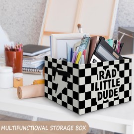 JUIOEIU Rad Little Dude Boy Foldable Storage Bins Box with Handles, Black and White Checkered Collapsible Organizer Basket for Kids Boys Bedroom Bathroom Nursery Playroom Clothes Toys Books