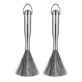 Stainless Steel Dish Brush with Handle, Metal Steel Wool Scrubber for Cast lron, Cookware, Pot(2 PCS)
