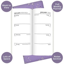 2026 Slim Wallet Diary Week to View - Purple Faux Leather Glitter Flower Embossed Planner - Lightweight Compact Portable Organiser Notebook - Home Office Student Organiser Travel Diary