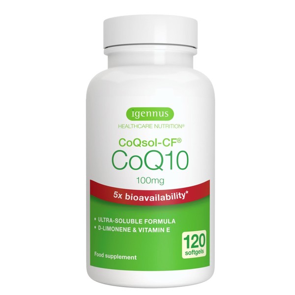 CoQ10 alto assorbimento, biodisponibilità 5x con la formula ultra-solubile CoQsol-CF, Ubichinone potenziato con vitamina E e D-Limonene, integratore di coenzima Q10, 1 al giorno, 120 dosi, da Igennus