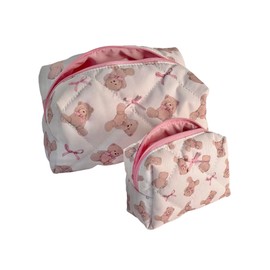 Teddy Bow Makeup Bag Set of 2, Quilted Bear Makeup Bags with Pink Bows, Cute Coquette Accessories, Small Pouch for Purse, Girly Toiletry Bags, Gifts for Women & Girls