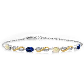 925 Silver and 10K Yellow Gold White Ethiopian Opal Created Sapphire and Lab Grown Diamond Infinity Tennis Bracelet For Women Mother's Mom Wife Her (1.89 Cttw, Fully Adjustable Up to 7.5 Inch)