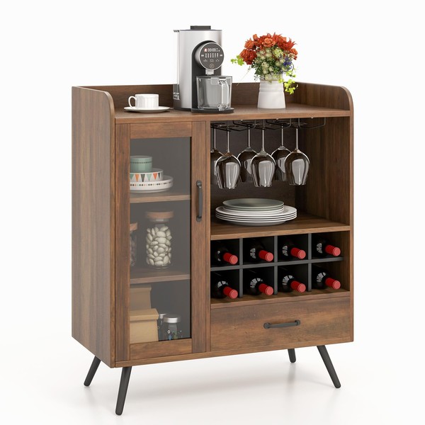 COSTWAY Wine Storage Cabinet, Bar Buffet Cabinet with 3-Row Wineglass Holder, Removable Wine Rack, Tempered Glass Door & Anti-Tipping Kit, Kitchen Sideboard for Dining Room & Living Room, Rustic Brown