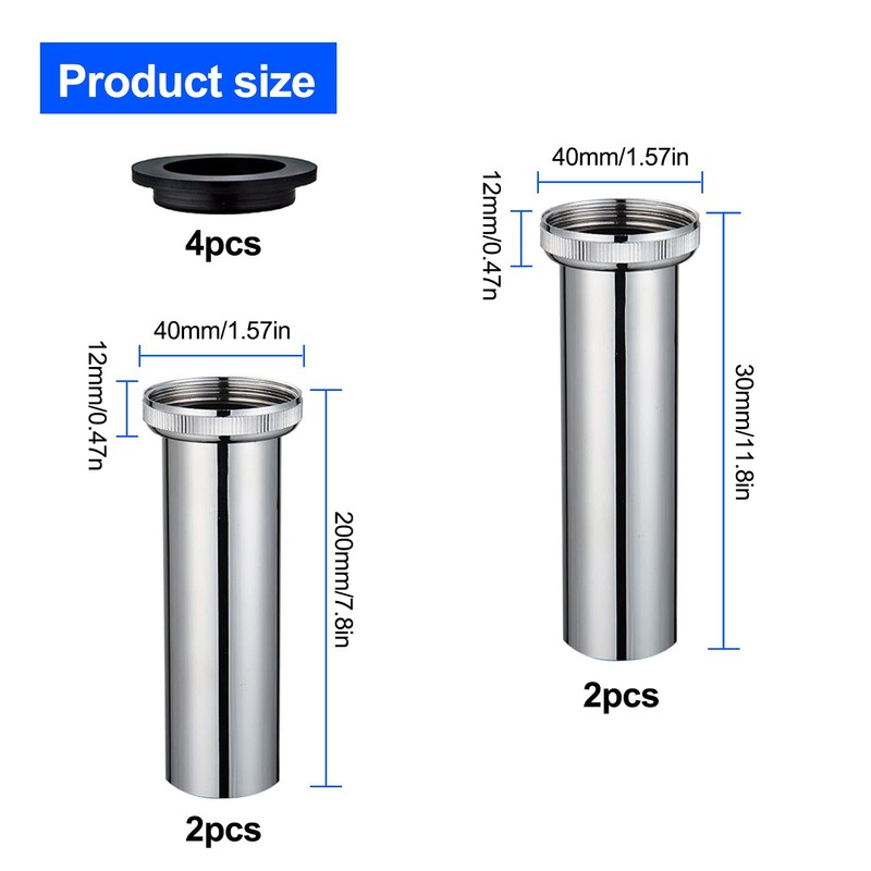 Set of 4 siphon drain pipe, washbasin, 200 mm stainless