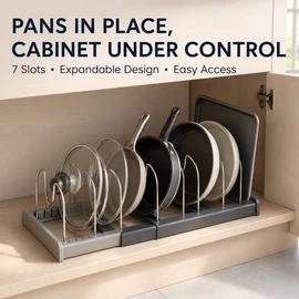 7-Grid Adjustable Pot and Pan Organizer Rack, Expandable Metal Lid Holder for Kitchen Cabinet Drawer Storage