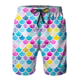 Daozundi Mens Swim Trunks with Mesh Lining,Mermaid Scales Watercolor Fish Bright Summe Quick Dry Swimsuit Board Shorts Beach Pants Swimwear Bathing Suits L