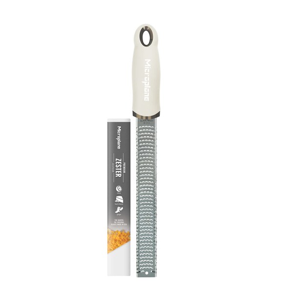 Microplane Zester Grater in Cashmere Beige for Citrus Fruits, Hard Cheese, Ginger, Chocolate and Nutmeg with Fine Stainless Steel Blade - Made in USA