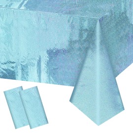 SINGOMON 2PCS Blue Iridescence Table Cloth Pastel Blue Table Cloth Plastic Table Coths Rectangular Tablecloths Disposable Tablecloth Holographic Foil Table Cloth for Baby Shower Birthday Wedding