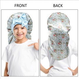 Monopa Long Toddler Silk Bonnet for Sleeping Kids Elastic Satin Bonnets for Kids Curly Hair Braid Bonnet for Boys Girls Infants Night Cap with Stretchy Tie Band(Floral+Blue)