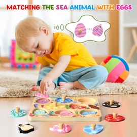 Zeoddler Wooden Puzzles for Toddlers, 8 Pcs Sea Animal Matching Egg Puzzle, Montessori Toys for Boy Girl Easter Birthday Gifts, Preschool Learning Activities & Educational Toys for Boys, Girls