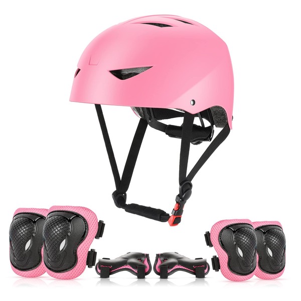 ValueTalks Protective set children's helmet protective equipment inline protector set with knee pads for inline skateboard bicycle roller skates, pink
