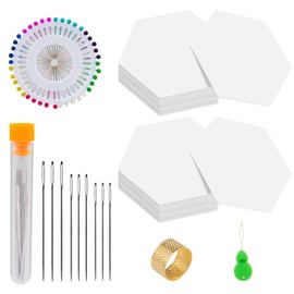 252 Piece Paper Piecing Templates Set, Include 200 1.5-inch Paper Piecing Hexagons, 9 Large-Eye Pins with Needle Bottle, 40 Positioning Pins, 1 Thimble, 1 Threader, for Quilting, Sewing
