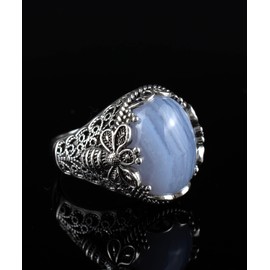 Filigranist 925 Sterling Silver Filigree Art Queen Bee Detailed Women Statement Ring with Gemstone, Gift Boxed (Blue Lace Agate, 7)