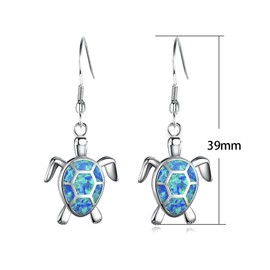 Tiny Turtles Dangle Drop Earrings 925 Sterling Silver Pin Lovely Animal White Opal Hook Hoop Earring Drops Delicate Jewelry Gift for Women Sensitive Ears (Blue Opal)