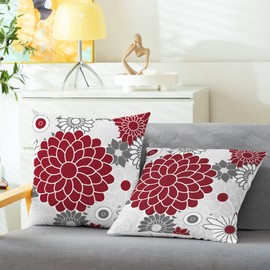 CaliTime Throw Pillow Cases Pack of 2 Cozy Fleece Blooming Dahlia Floral Flowers Decorative Cushion Covers for Couch Bed Sofa Farmhouse Decoration 18 X 18 Inches Burgundy Grey