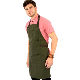 Under NY Sky Chef Apron - Professional Green Twill - Cotton Straps - Smart Pockets - Adjustable for Men and Women - Pro Chef, Cook, Kitchen, Baker, Barista, Bartender, Server Aprons