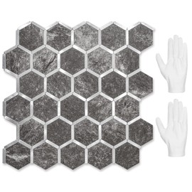 STICKGOO Hexagon Peel and Stick Backsplash Tile, Stick on Backsplash for Kitchen and Bathroom, Black Slate Look PVC Mixed Metal Silver Self Adhesive Wall Tiles(10 Sheets, Seamless)