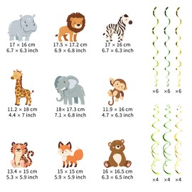 Jungle Safari Animal Party Decorations, 48 Hanging Spiral Streamers, Zoo Theme with Lion, Elephant, Giraffe, Tiger, 11-18 cm Animals