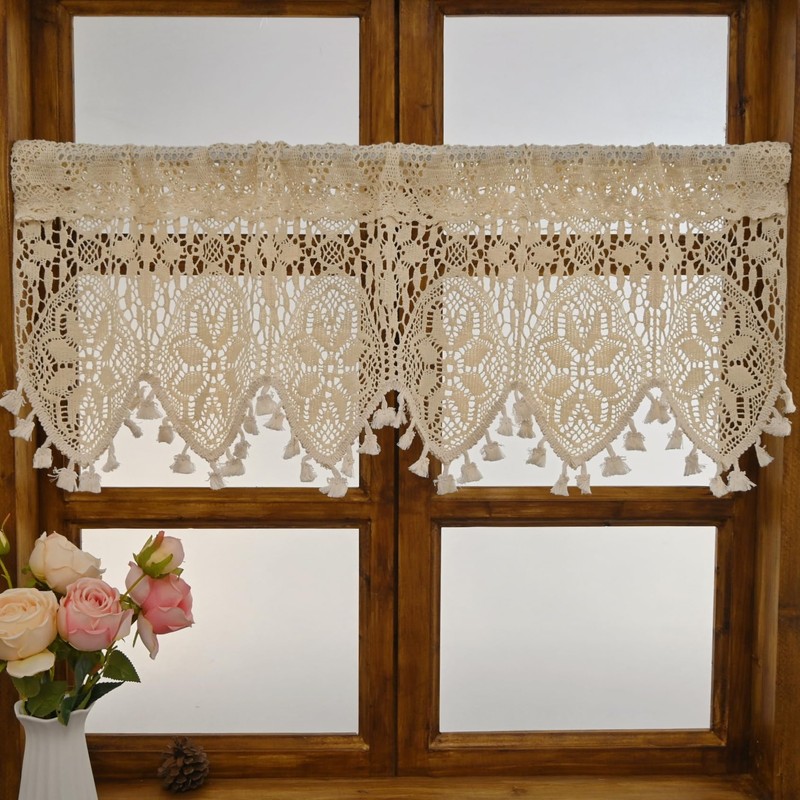 Tsinmorn Rustic Crochet Curtain Valance for Kitchen Dining Macrame Curtain