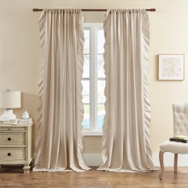 Beige Ruffle Curtains 90 Inches Long for Living Room Bedroom Dining Room Rod Pocket Light Filtering Suede Fabric Drapes Vintage Shabby Chic Decor for Home Office Light Tan Color, 2 Panels, 52x 90