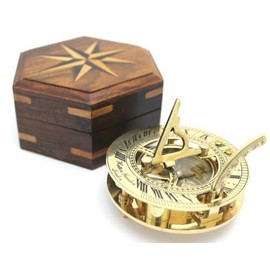 Nautical Solid Brass Round Sundial Compass with Design Rosewood Box, Brass Rustic Vintage Home Decor Gifts