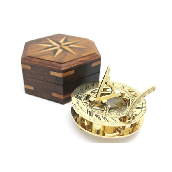Nautical Solid Brass Round Sundial Compass with Design Rosewood Box, Brass Rustic Vintage Home Decor Gifts