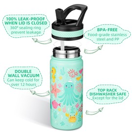 Fanhaw 18 Oz Kids Insulated Water Bottle with Straw - Stainless Steel Double Wall Vacuum Cup, Leakproof, BPA Free, Suitable for Boys and Girls(Green - Octopus)