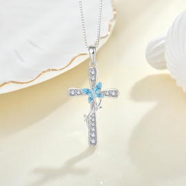 EJARY Cross Necklace for Women Butterfly 925 Sterling Silver March Birthstone Aquamarine Pendant Necklaces Religious Faith Cross Jewelry