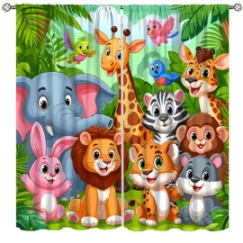 Kids Forest Animal Curtains, Cartoon Watercolor Forest Plant Lion Elephant Bird Rabbit Wildlife Window Treatments Drapes for Nursery Toddler Room Baby Bedroom 42x45in（No Blackout）