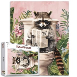 Tucocoo 1000 Pieces Jigsaw Puzzles for Adults Cute Raccoon Newspaper Puzzle Funny Animals on Toilet Bathroom Puzzles for Challenging Family Activity Game Colorful DIY Crafts Puzzle Wall Decor Gifts
