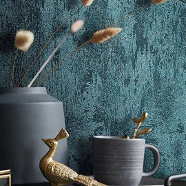 Plain foil Green Blue Teal Metallic Faux Concrete Plaster Textured Wallpaper