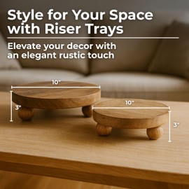 Set of 2 Round Wooden Riser Trays – Handcrafted Mango Wood Pedestal Stands – Rustic Decorative Home Decor for Modern Coffee Table, Kitchen, or Office – 10", Brown