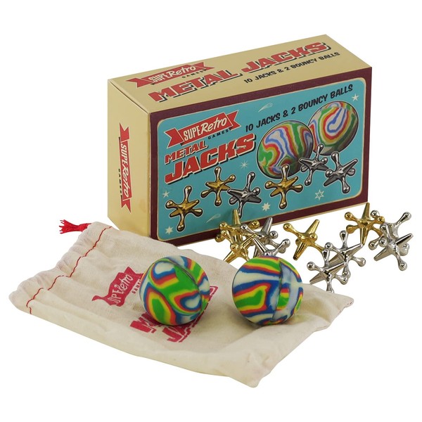 The Magic Toy Shop Retro Jacks Game Classic Knucklebones Fivestones Game with 10 Metal Crosses Jacks and 2 Balls Kids Party Bag Filler