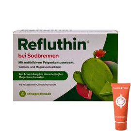 Refluthin bei Sodbrennen 1x 48 Kautabletten I Minzgeschmack I säurebedingte Magenbeschwerden & saures Aufstoßen I mit Calcium, Magnesium & Feigenkaktusextrakt I Spar-Set plus Pharma Perle give-away