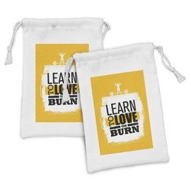 Ambesonne Fitness Fabric Pouch Set of 2, Learn to Love the Burn Text on Grungy Backdrop Fit Athlete with Barbell, Small Drawstring Bag for Toiletries Masks and Favors, 9" x 6", Marigold White Black