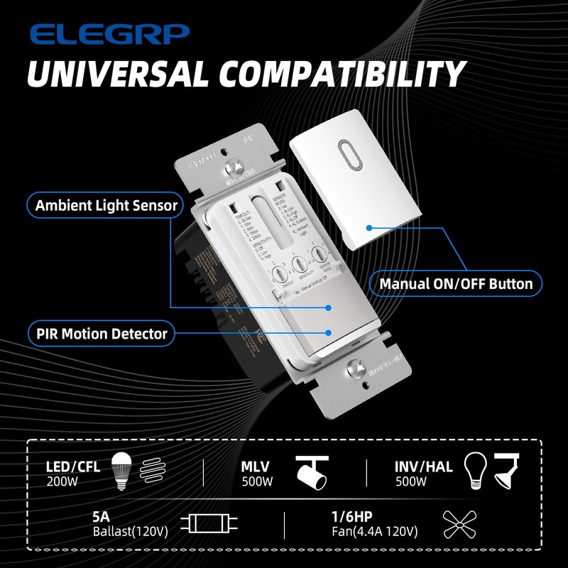 ELEGRP Matte White Single Pole Occupancy Motion Sensor Light Switch,