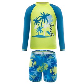 Cheerful Mario UV Badebekleidung Junge Langarm Rashguard-Shirts Sonnenschutz Kinder Schwimmanzug Zweiteilig Schwimmshirt Badeshorts Set Baum 6-7 Jahre