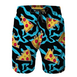 Mens Swim Trunks with Mesh Lining,Cute Pizza Patches on Blue Zebra 9 Inch Quick Dry Board Shorts Bathing Suit Swimsuit Beach Pants Swimwear L