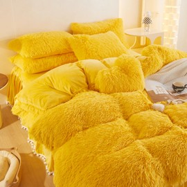 HAIHUA Yellow Fluffy Comforter Set, Fluffy Plush Shaggy Duvet Cover 1 Pieces Set (1 Faux Fur Duvet Cover) Velvet Bedding Twin Bed Set,Zipper Closure (Yellow, Twin)