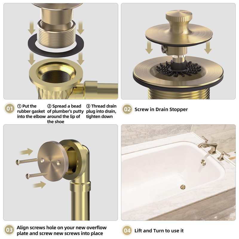 Champagne Brushed Gold Bronze Bathtub Drain, Hair Catcher and 2-Hole