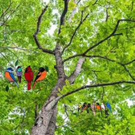 Stained Birds-On-A-Wire Window Panel Hanging Suncatcher Ornament Gifts, Home Decor Accent, Easy-to-Hang Design, Vibrant Artwork