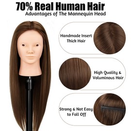 TopDirect Training Head 66cm/26 inch 70% Real Hair Cosmetology Hairdressing Mannequin Manikin Dummy Head Doll with Table Clamp Holder + Braid Set + 7 PCS Rainbow Colored Hair Extensions Wig Pieces