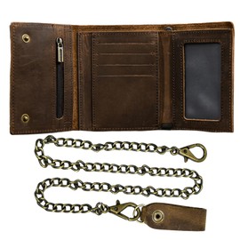 WBQMUNY Men's Tri-fold Vintage Biker Cowhide Top Grain Leather Steel Chain Wallet,Snap Closure