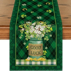 St. Patrick's Day Table Runner, Good Luck Plaid Charm Table Runners, for Irish Holiday Celebration, Seasonal Spring Kitchen Dining Table Decoration, 13x72 Inches