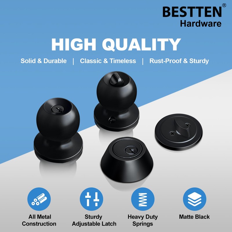 BESTTEN 2 Pack Keyed Same Exterior Door Knobs and Single