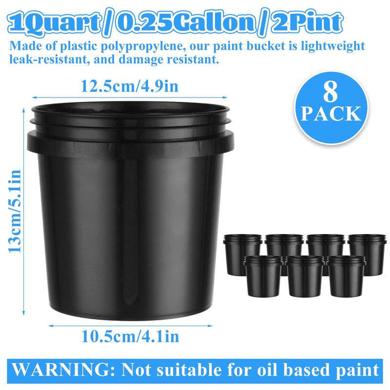 Acrux7 8 Pack 1 Quart Plastic Paint Buckets, Empty Paint