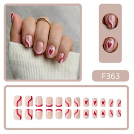 Valentines Press on Nails Short French Fake Nails Red & White Heart Acrylic Nails Swirl Acrylic Nails Cute Square Glue on Nails Cute False Nails for Women 24 Pcs